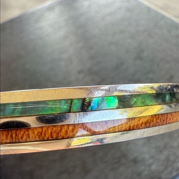 Stainless Steel Hawaiian Koa Wood Abalone Shell Bangle 8in - Picture 1 of 3